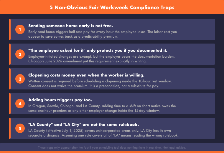 Five non-obvious fair workweek compliance traps: early send-homes, undocumented   employee-initiated changes, clopening premiums, added hours, and the LA County versus LA City distinction